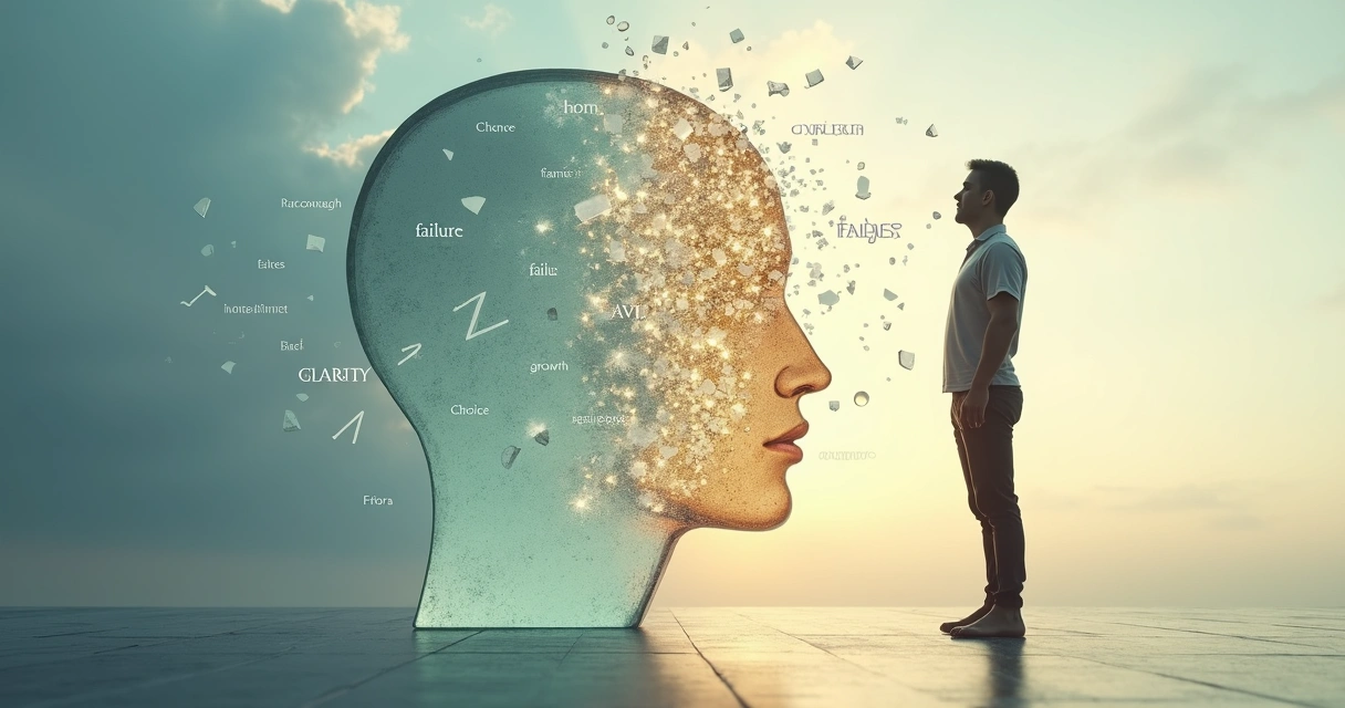 Person standing between fragmented and integrated self silhouettes 