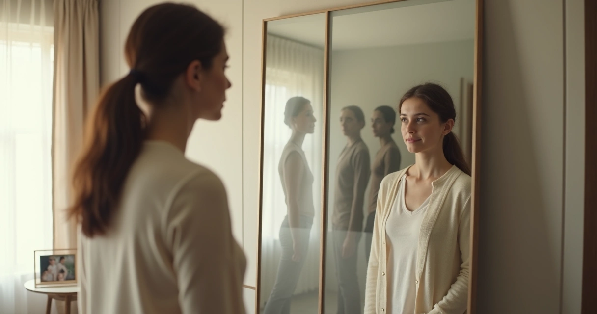 Mujer frente al espejo con siluetas de antepasados detrás reflejándose en su autoimagen 