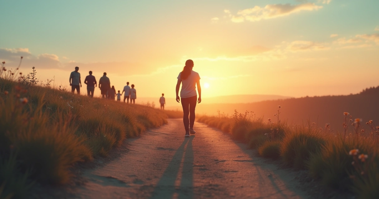 Adult walking a path while shadowy ancestors stand behind on a hill 