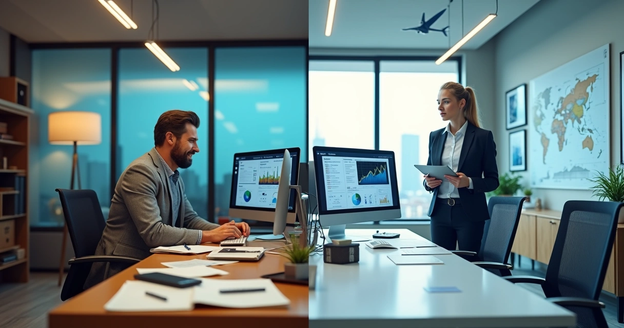 Duas áreas contrastando um agente de viagens amador e outro profissional em um escritório moderno de turismo 