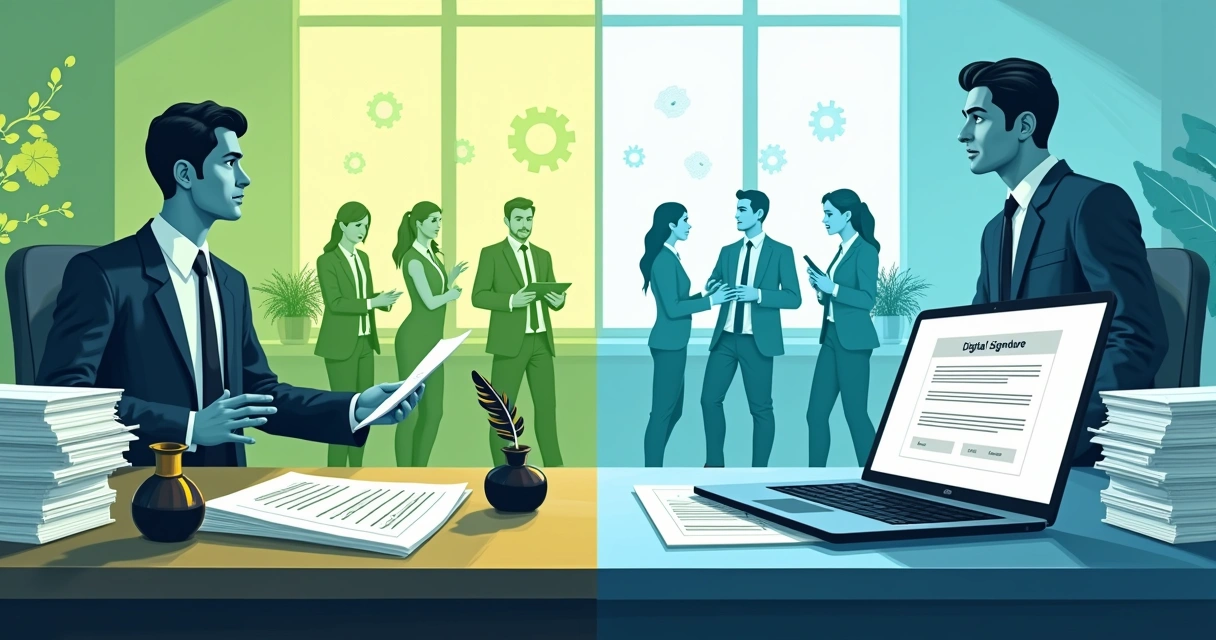 Escritório de advocacia mostrando transição de assinaturas tradicionais para digitais. Membros da equipe discutindo.