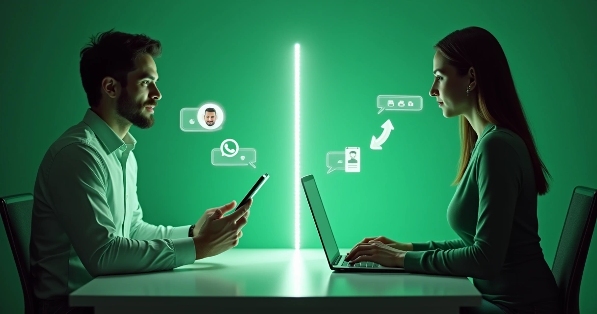 Ilustração de transição entre bot e atendente humano no WhatsApp 