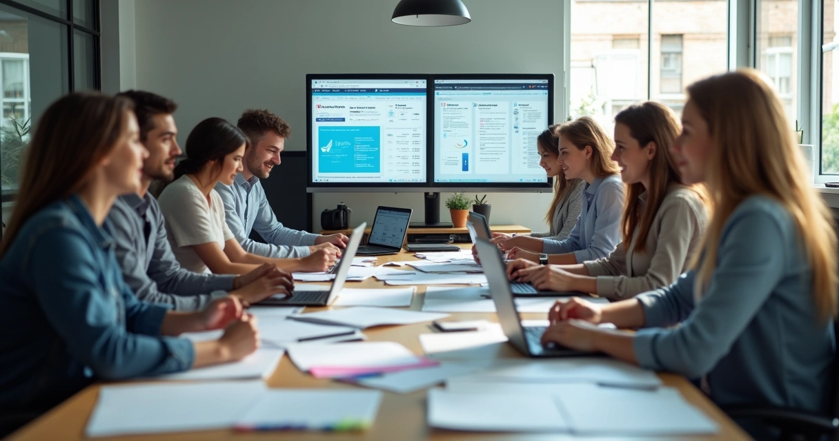 Equipe realizando transição bancária digital 