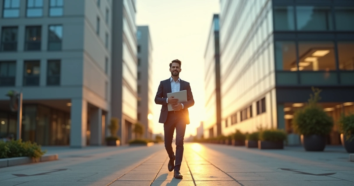 Pessoa em transição de carreira caminhando confiante entre dois prédios de escritório 