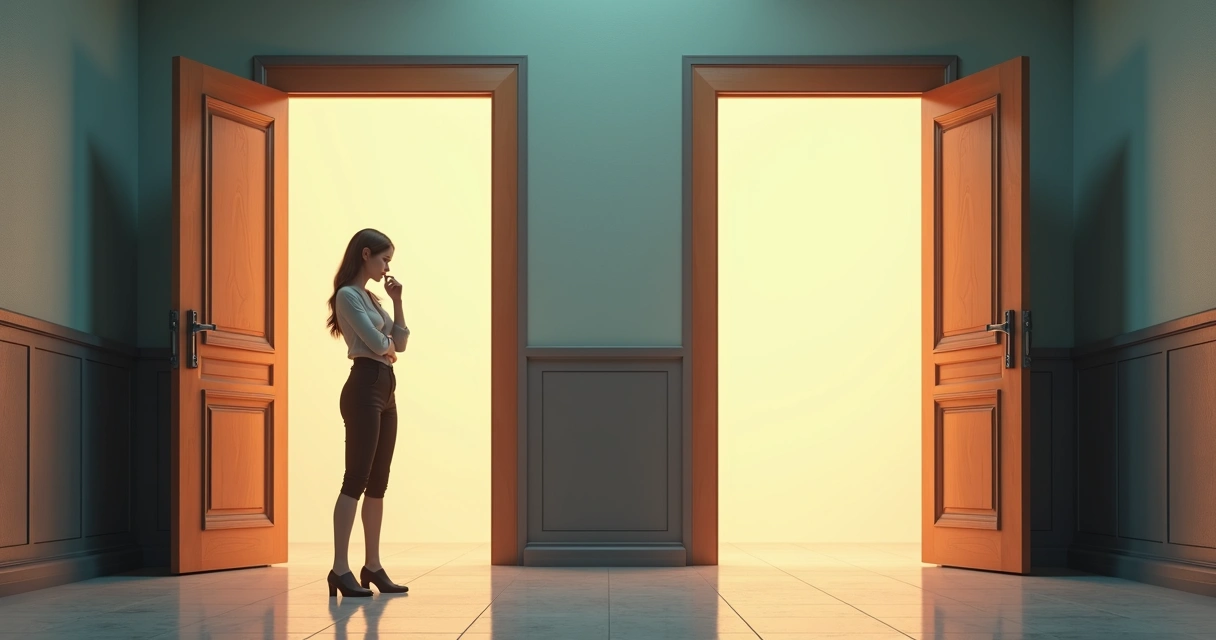 Pessoa diante de duas portas escolhendo caminho profissional 