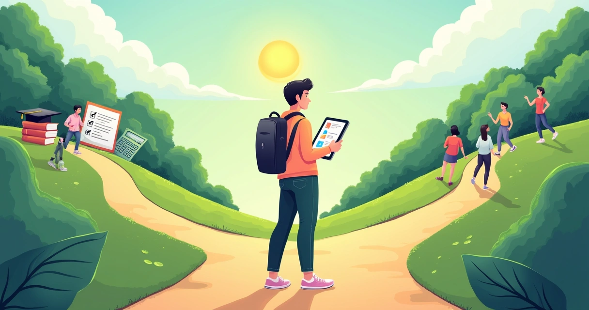 Pessoa em uma encruzilhada, observando dois caminhos, um com educação e outro com networking, simbolizando transição de carreira.