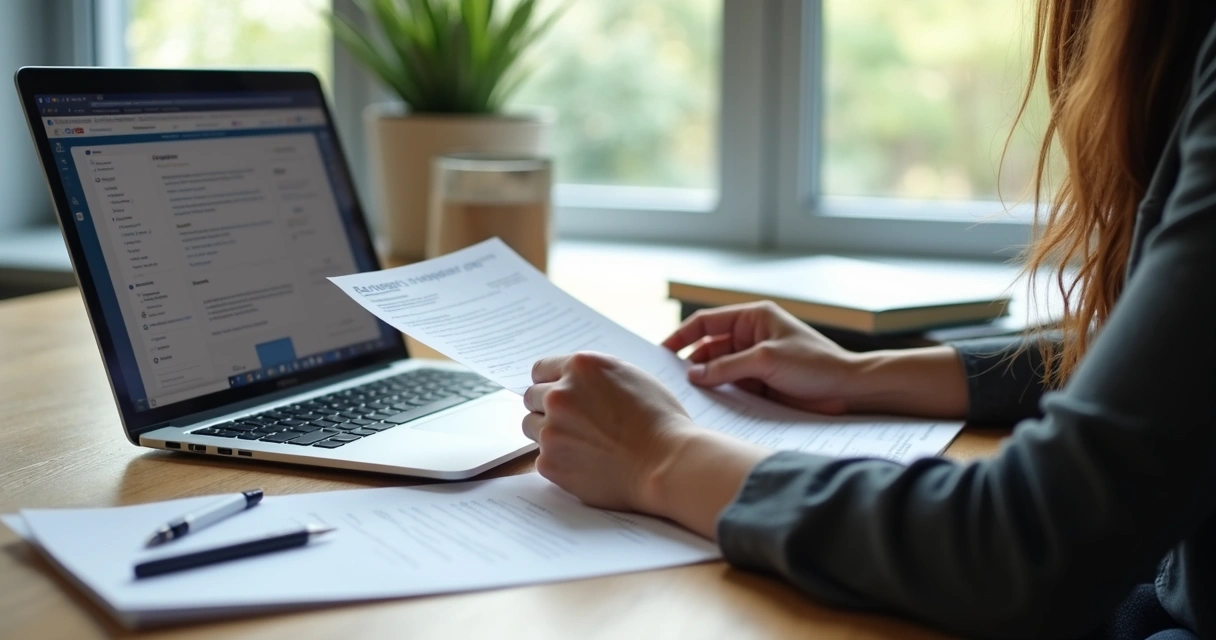 Pessoa revisando currículo em mesa de escritório com anotações e laptop