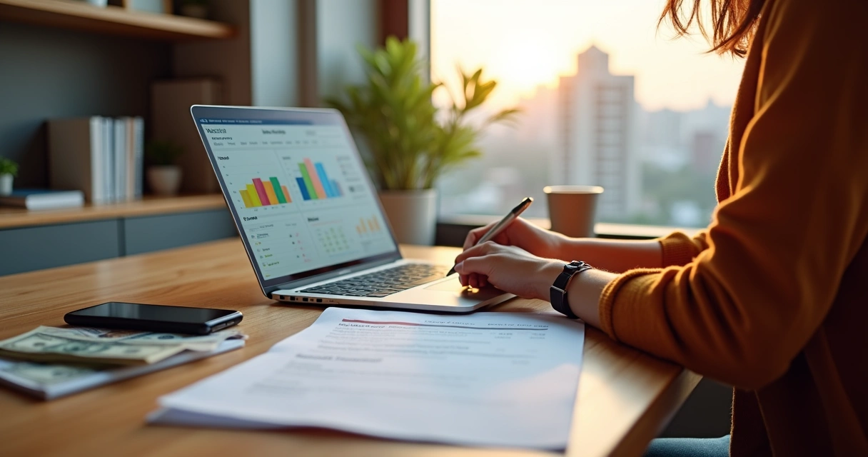 Pessoa organizando finanças e planejamento de carreira na mesa 