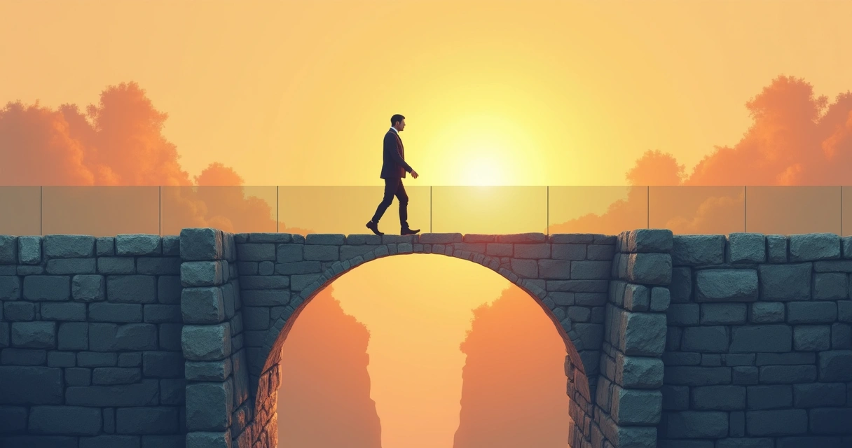 Pessoa caminhando de uma ponte antiga para uma nova, representando transição de carreira 