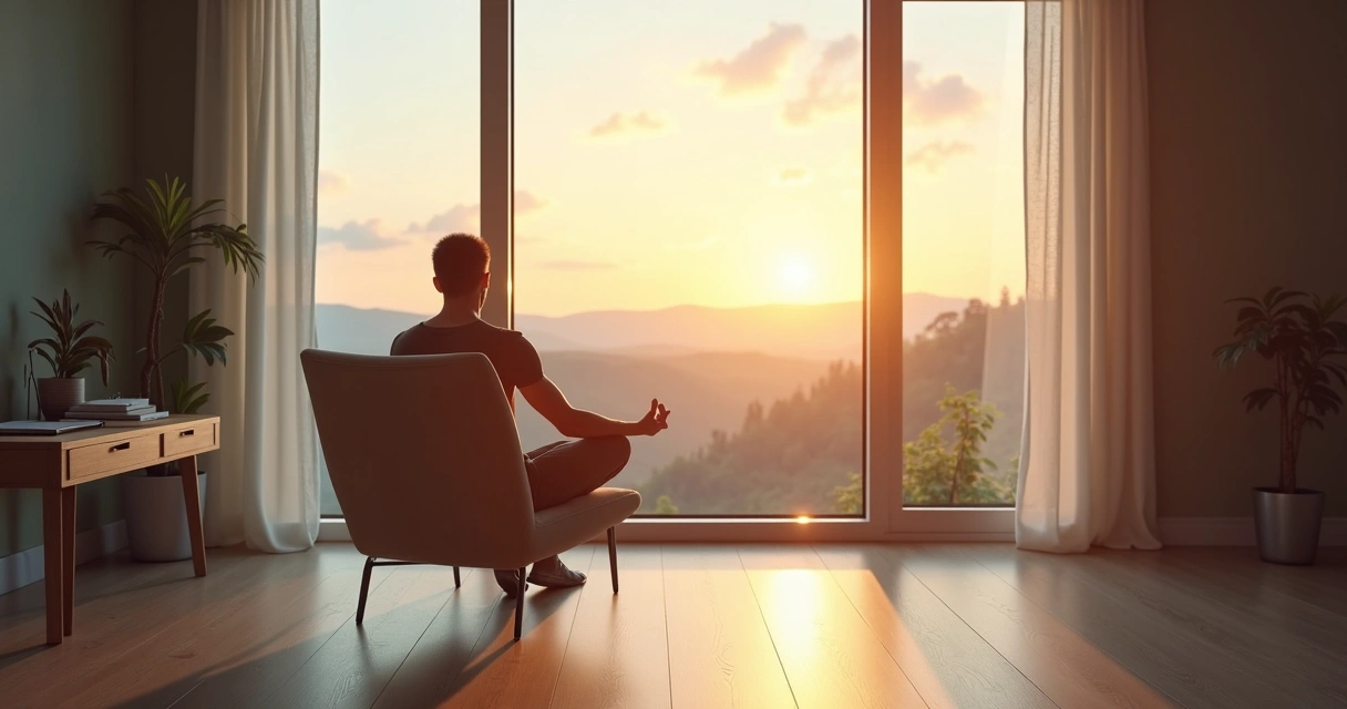 Pessoa meditando sentada em cadeira olhando pela janela para horizonte 