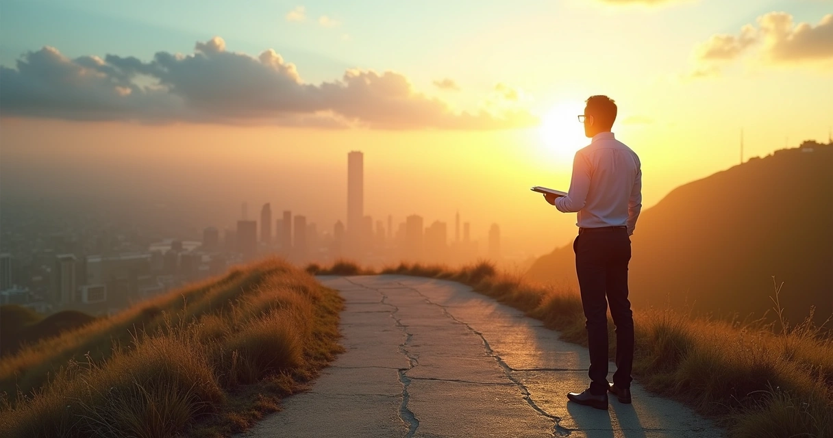 Profissional em pé em uma encruzilhada olhando cidade ao amanhecer, simbolizando transição de carreira com propósito 