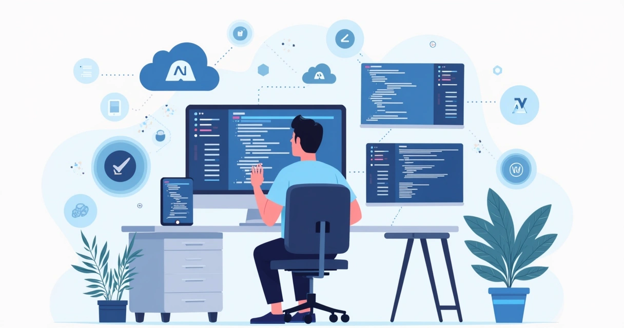 Ilustração corporativa plana mostrando desenvolvedor usando ferramentas Codex, VS Code e CLI em múltiplas telas com ícones de IA e código 