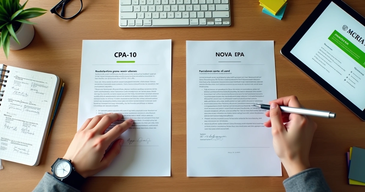 Profissional compara cartas com CPA-10 e nova CPA em mesa de escritório 