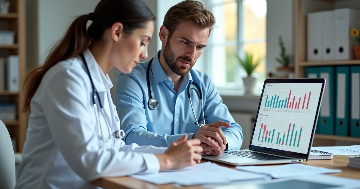 Contador e profissional de saúde revisando documentos com computador e gráficos ao fundo 