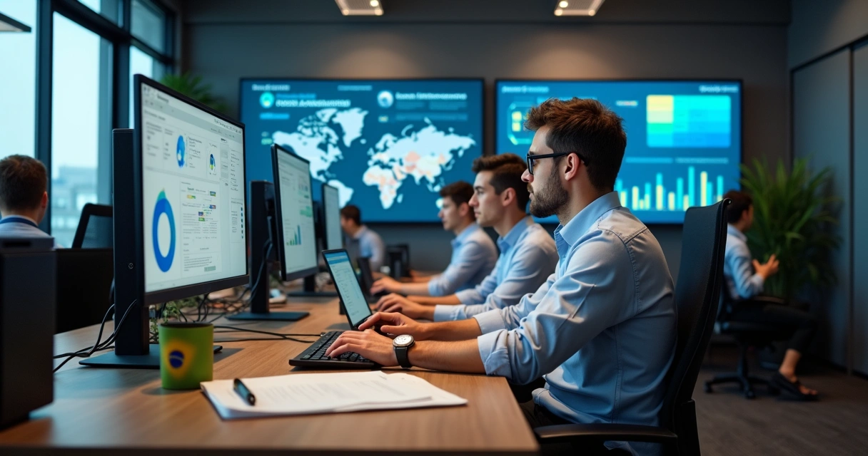 Equipe de TI ajustando sistemas digitais em local de trabalho público 