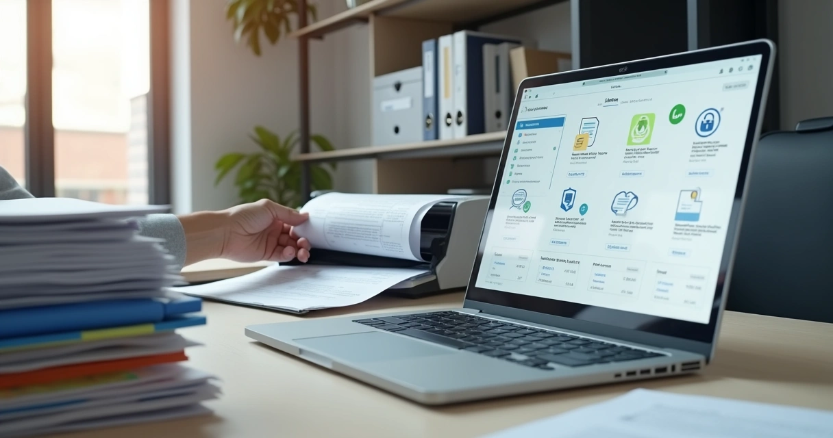 Profissional de contabilidade digitalizando pilha de documentos em escritório moderno 