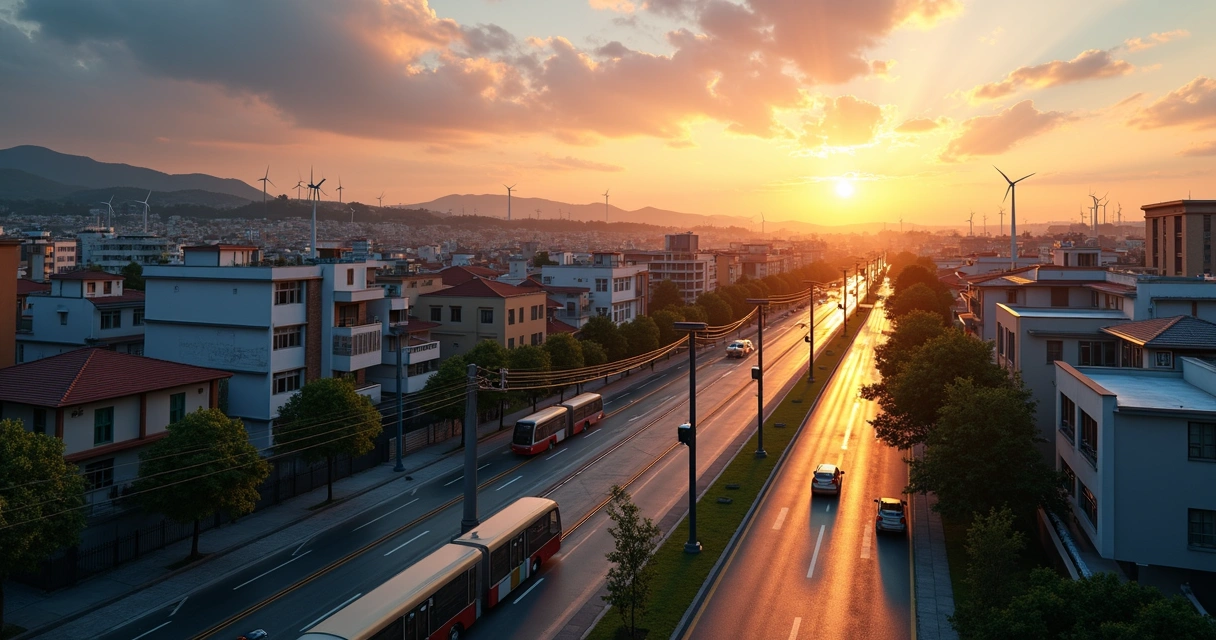 Cidade brasileira ao entardecer com energia renovável integrada ao ambiente urbano 
