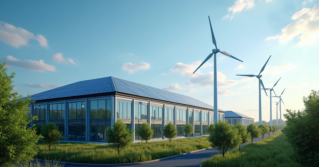 Prédio comercial com painéis solares e turbinas ao fundo 