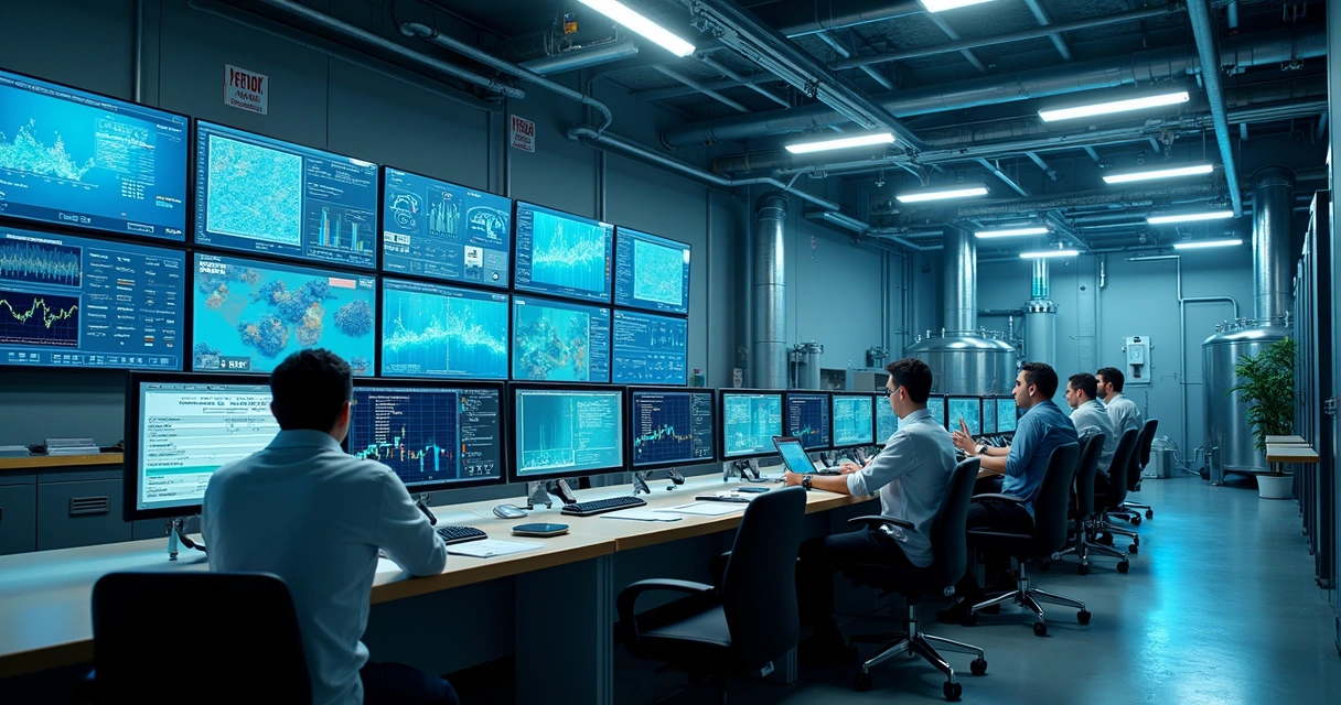 Equipe técnica analisando painéis industriais de hidrogênio verde 