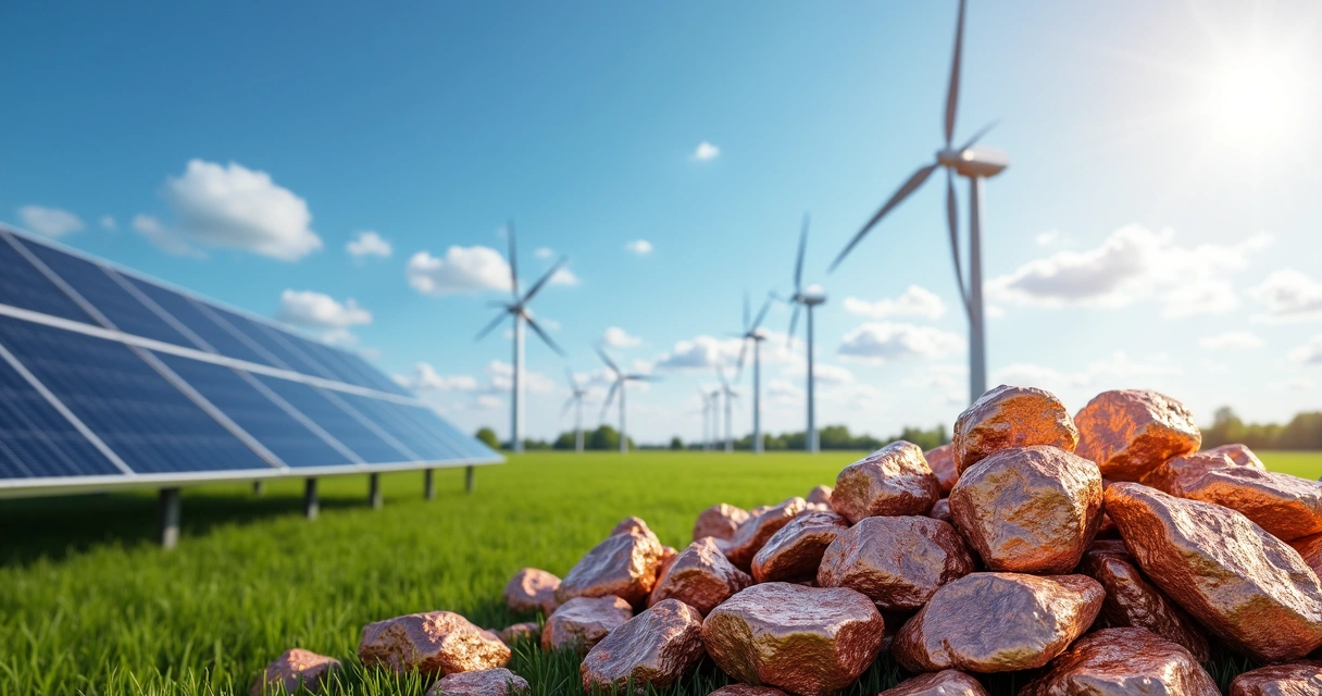 Painel solar, turbina eólica e pedras de cobre em destaque.
