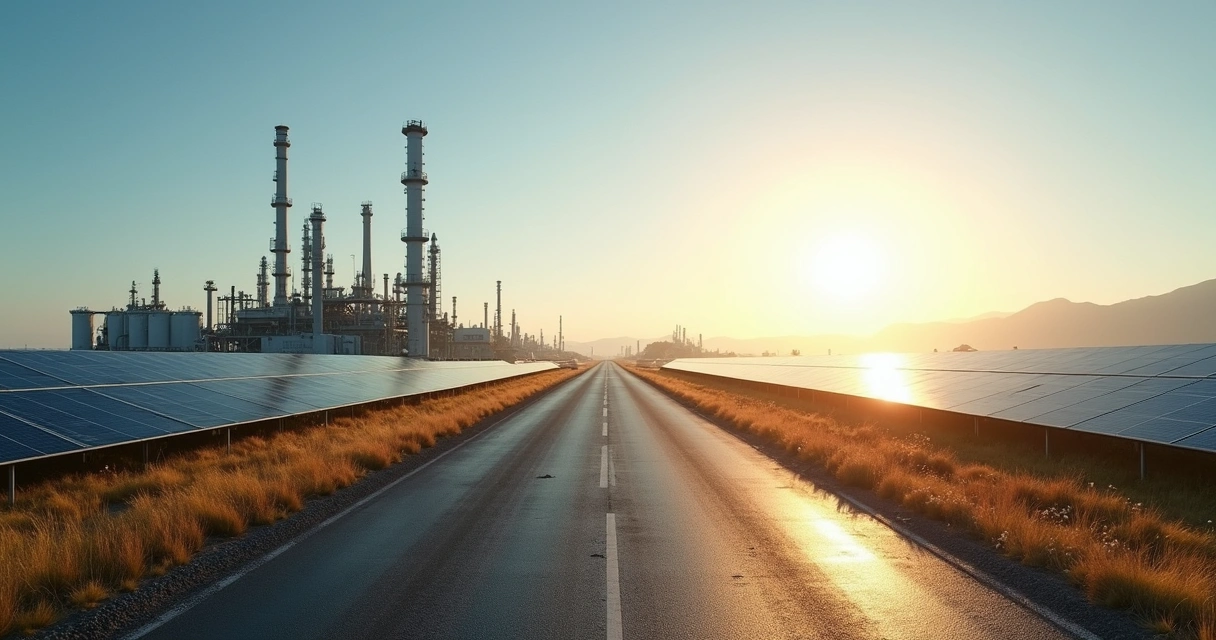 Caminho entre refinaria de petróleo e usina solar 