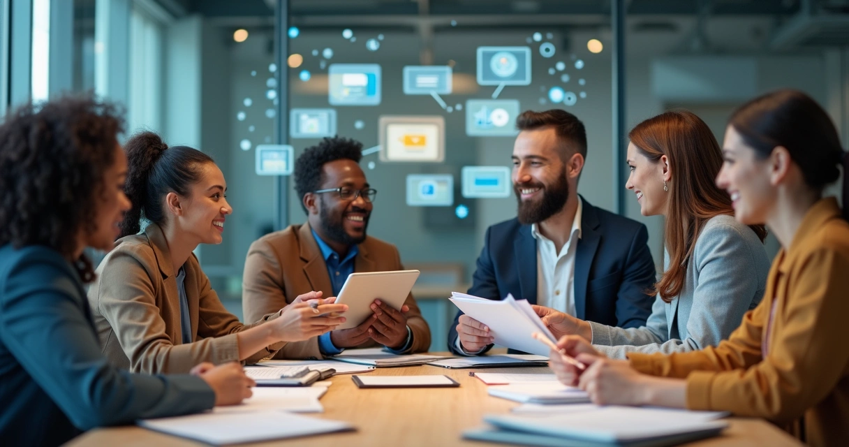 Equipe de atendimento reunida ao redor de uma mesa, trocando informações e documentos. 