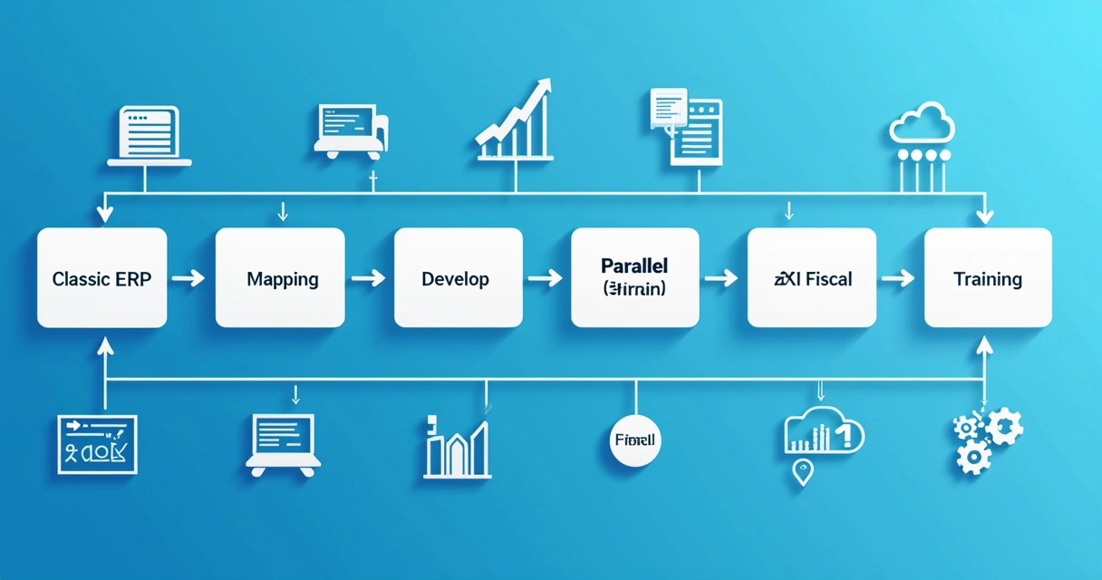 Fluxo de migração de ERP para API fiscal com setas e etapas. 