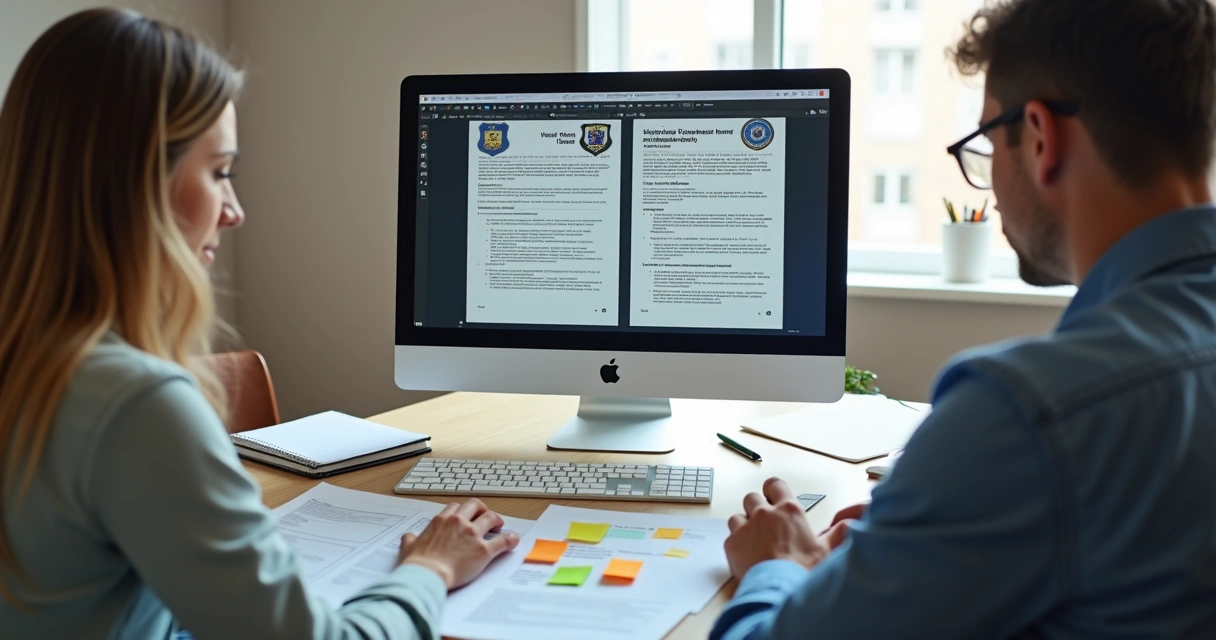 Estudante com materiais de concurso policial, analisando editais diferentes no computador 