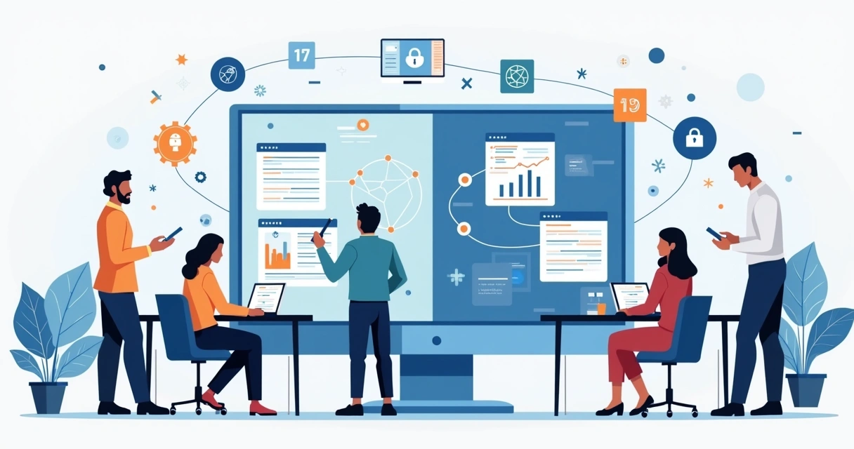 Ilustração corporativa mostrando transição do Excel para SQL com tabelas e gráficos digitais 