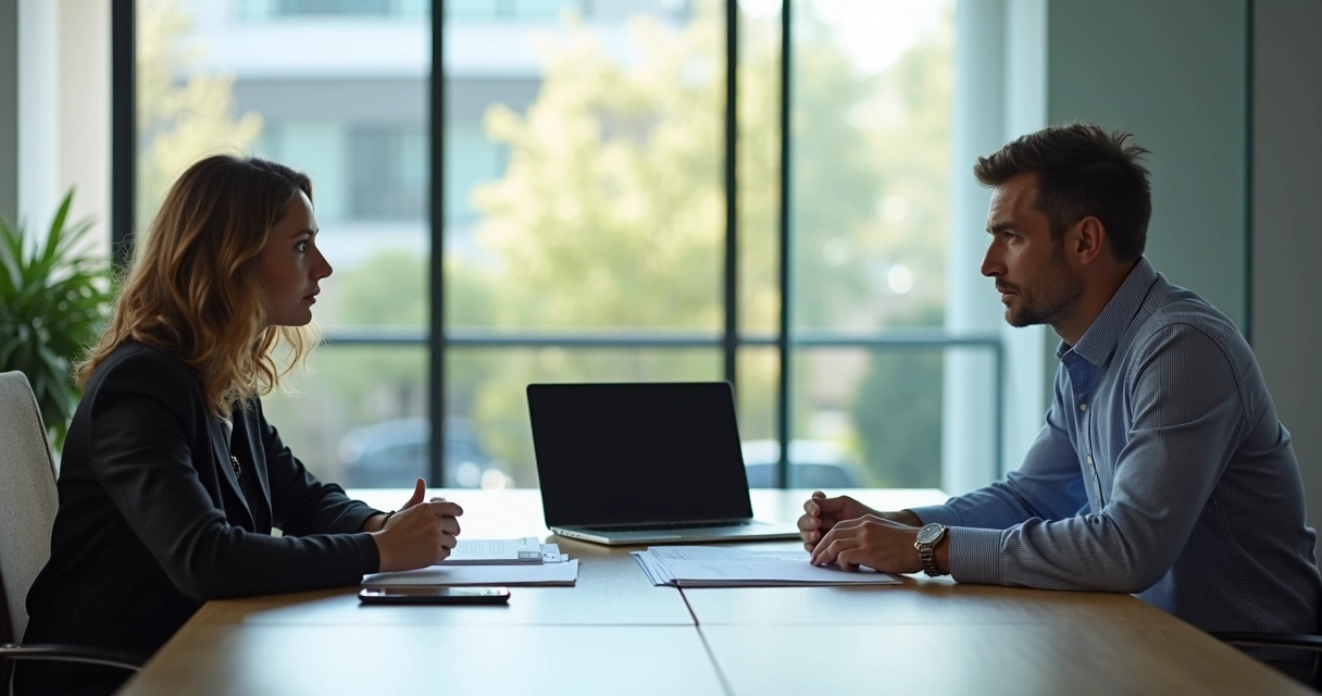 Duas pessoas em reunião, com expressões sérias, entre elas uma mesa com documentos empresariais