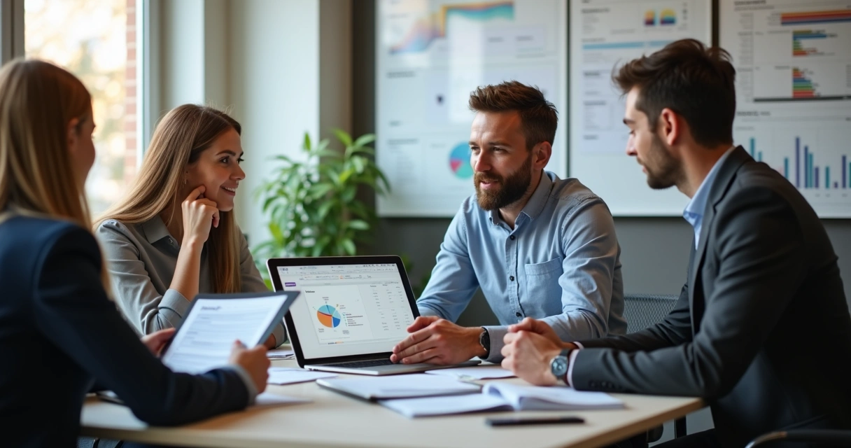 Equipe de vendas reunida migrando dados de planilha para tela de software 