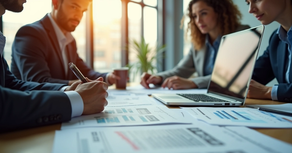 Equipe de escritório analisando documentos fiscais e notebook aberto na mesa 