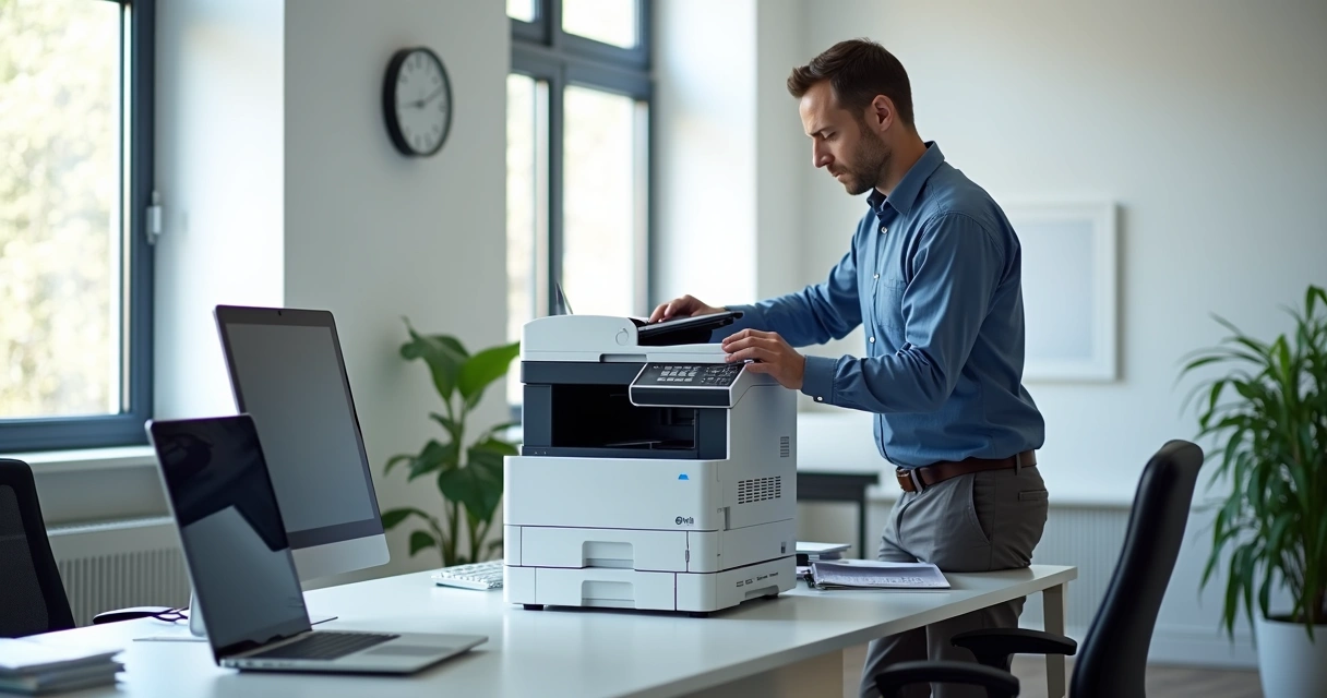 Técnico configurando impressora multifuncional em escritório moderno com computadores ao fundo 