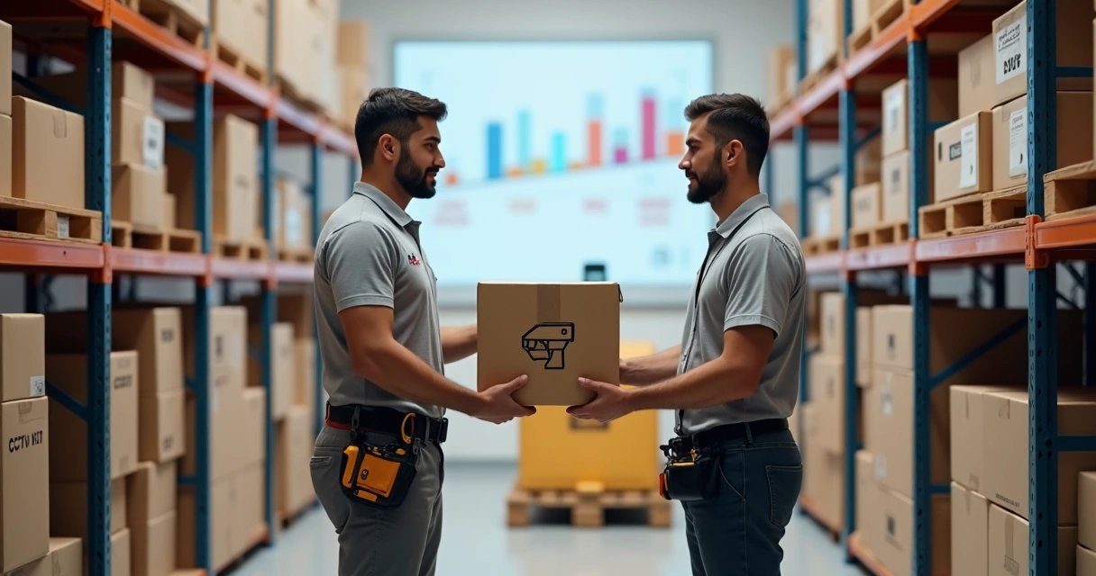 Linha de montagem com profissional passando caixa de equipamentos de segurança para outro fornecedor 