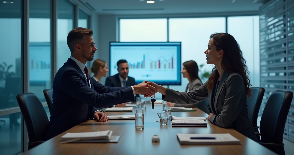 Executivo entregando pasta para nova liderança em escritório 