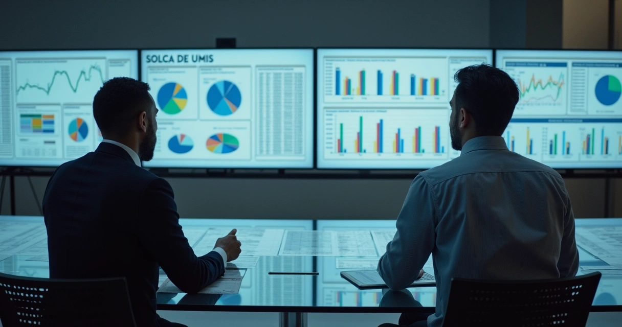 Profissionais reunidos em mesa com gráficos fiscais discutindo documentos 