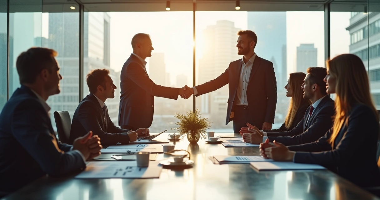 Executivos de diferentes idades apertando as mãos em sala de reuniões moderna.