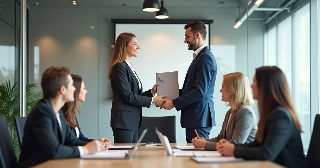 Transição de liderança com equipe observando passagem de responsabilidade