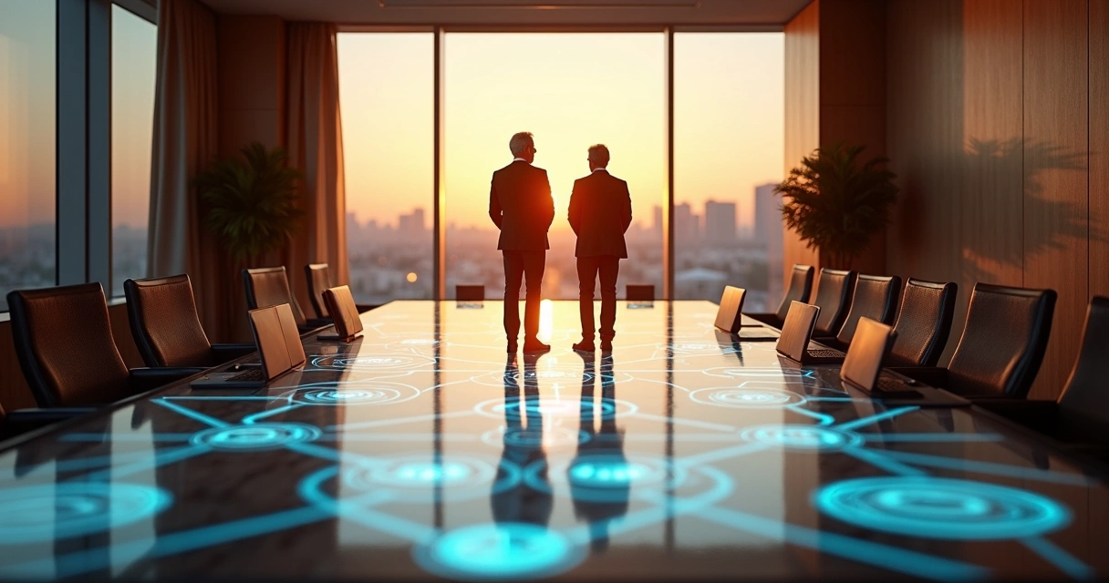 Dois líderes olhando mapa luminoso de sucessão no chão de sala de reunião 