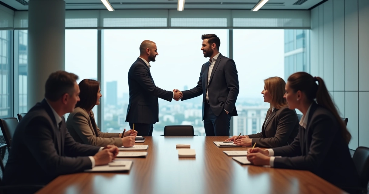 Profissionais em sala de reunião participando de uma transição de liderança 