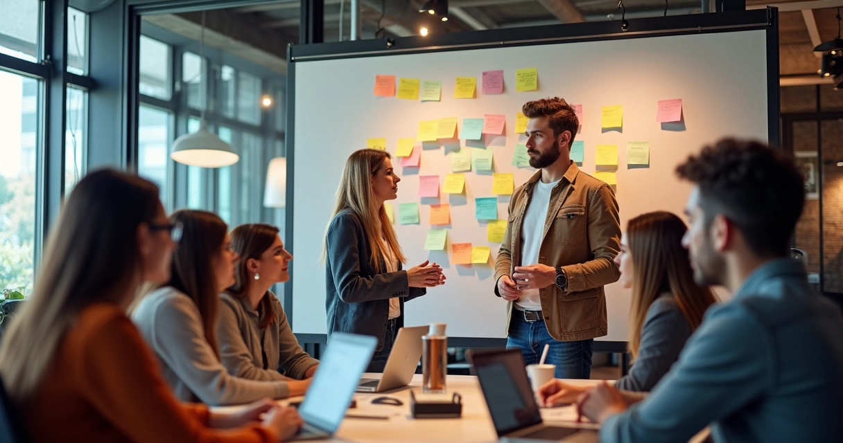 Reunião de time jovem em uma startup discutindo liderança com post-its em um quadro branco 