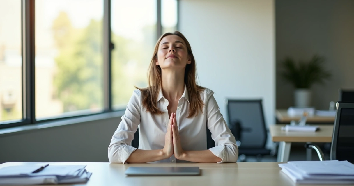 Pessoa sentada à mesa, olhos fechados, respira ao mudar de tarefa 