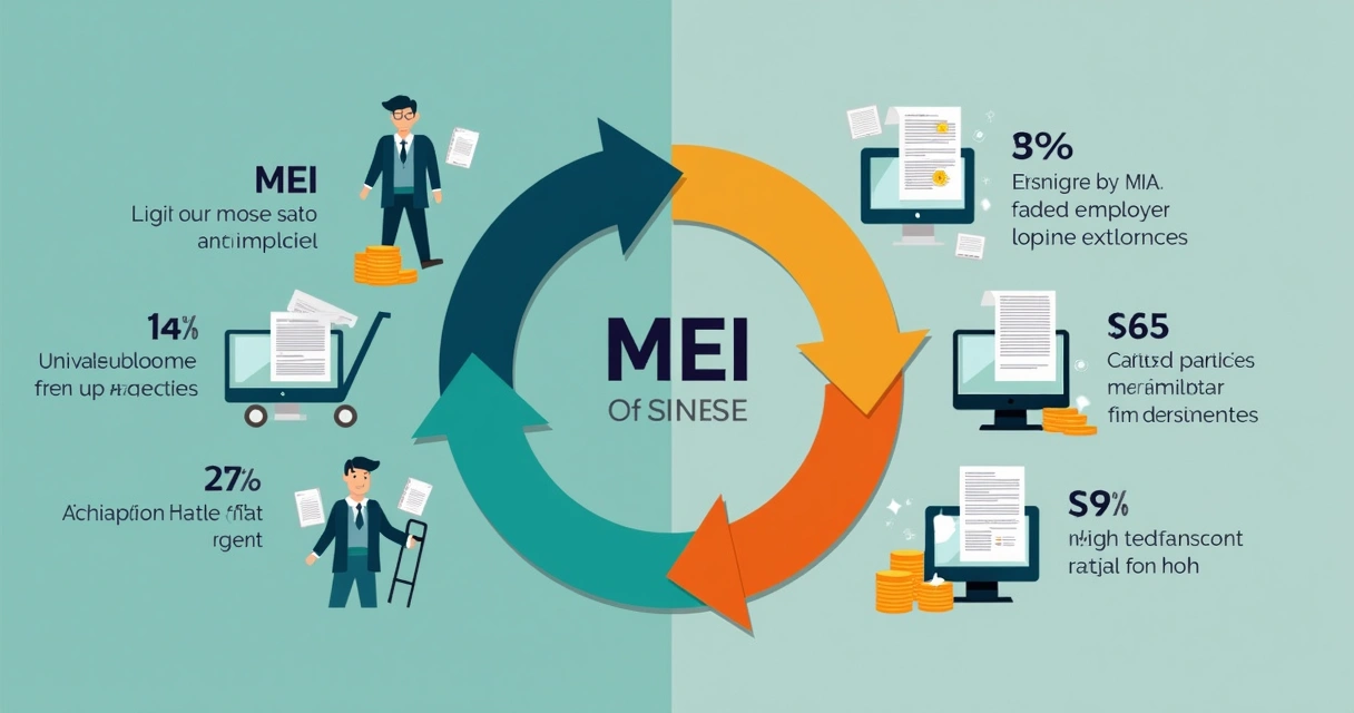 Diagrama mostrando transição de MEI para ME com setas e ícones de impostos e notas fiscais 