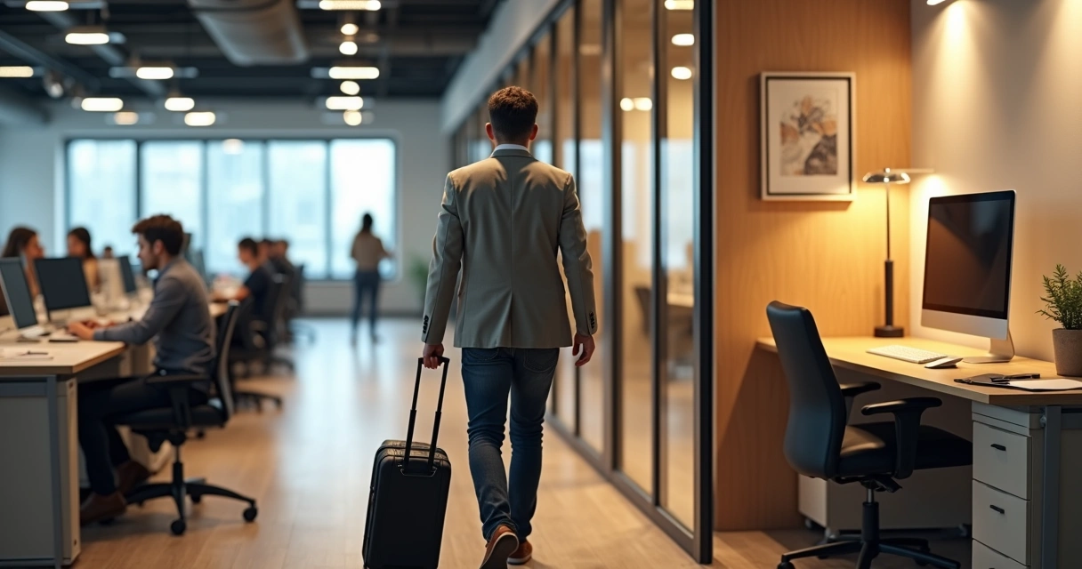 Profissional caminhando de área compartilhada para sala privativa moderna 