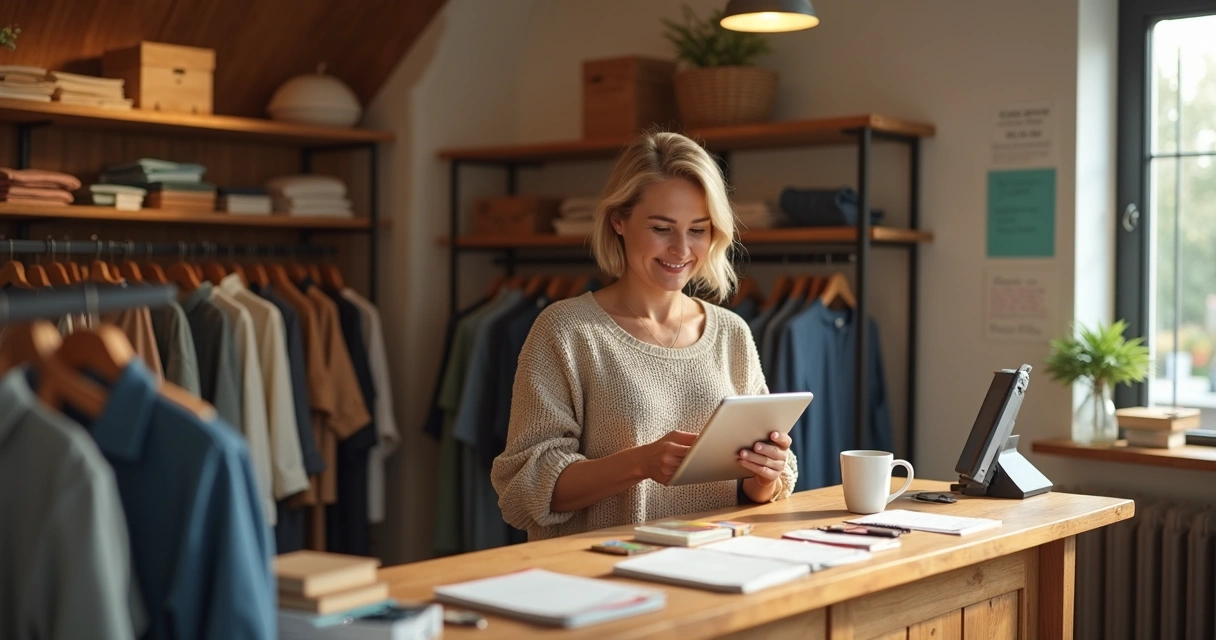 Dona de pequena loja usando tablet para checar vendas na loja 