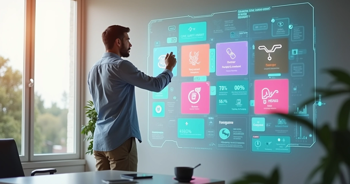 Criador de conteúdo ajustando cards coloridos de nichos em mural digital 