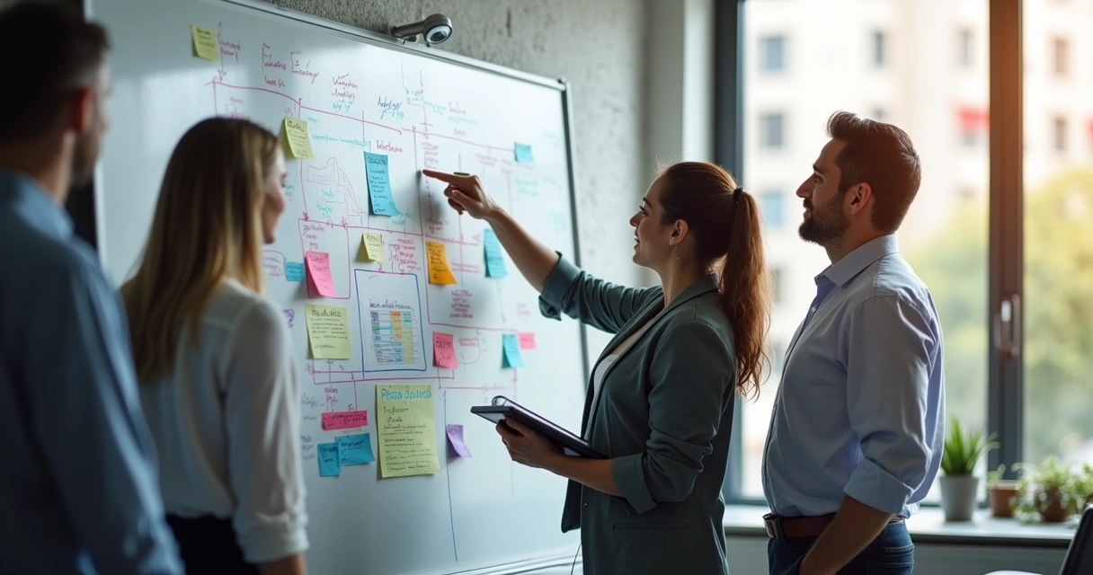 Processo de mudança organizacional, com pessoas interagindo ao redor de gráficos e quadros brancos 