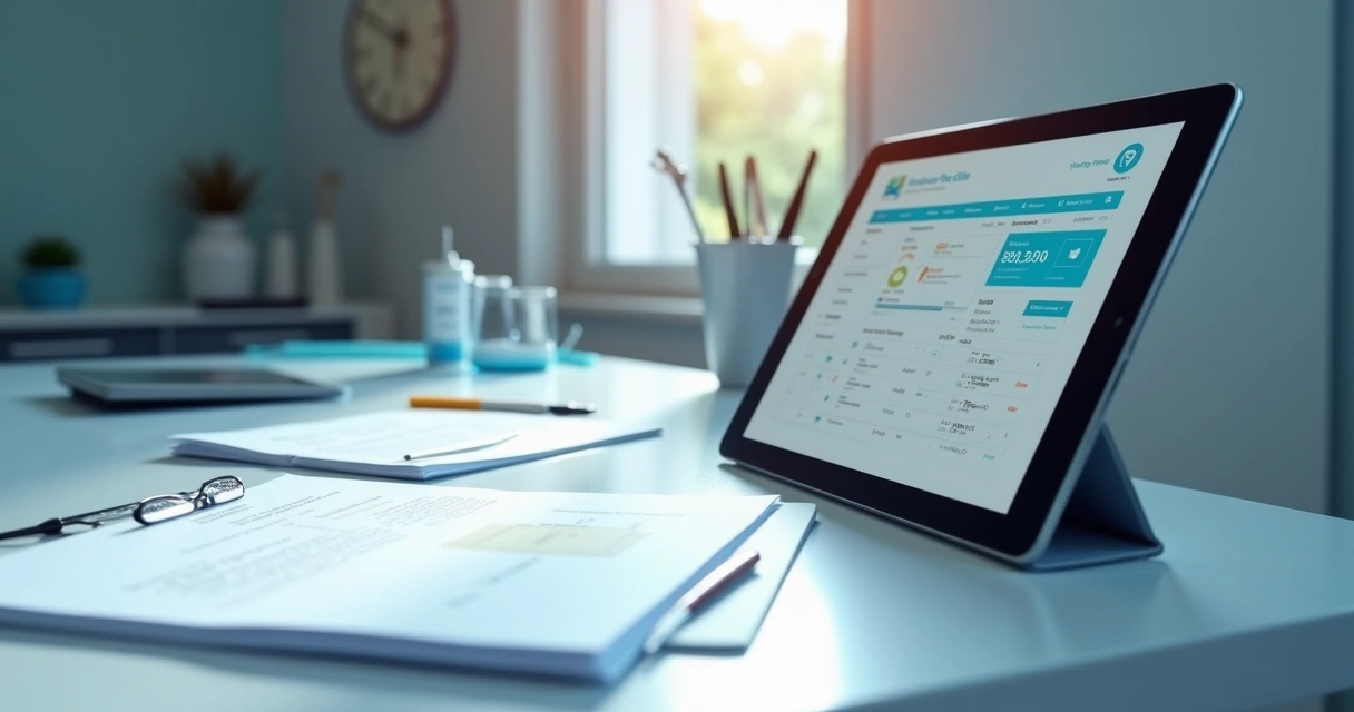 Mesa de consultório odontológico com documentos em papel ao lado de um tablet mostrando sistema de gestão 