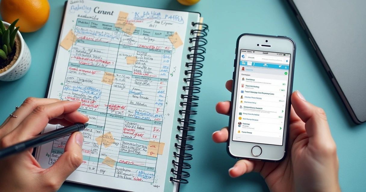 Comparação visual entre caderno, planilha e abordagem digital 