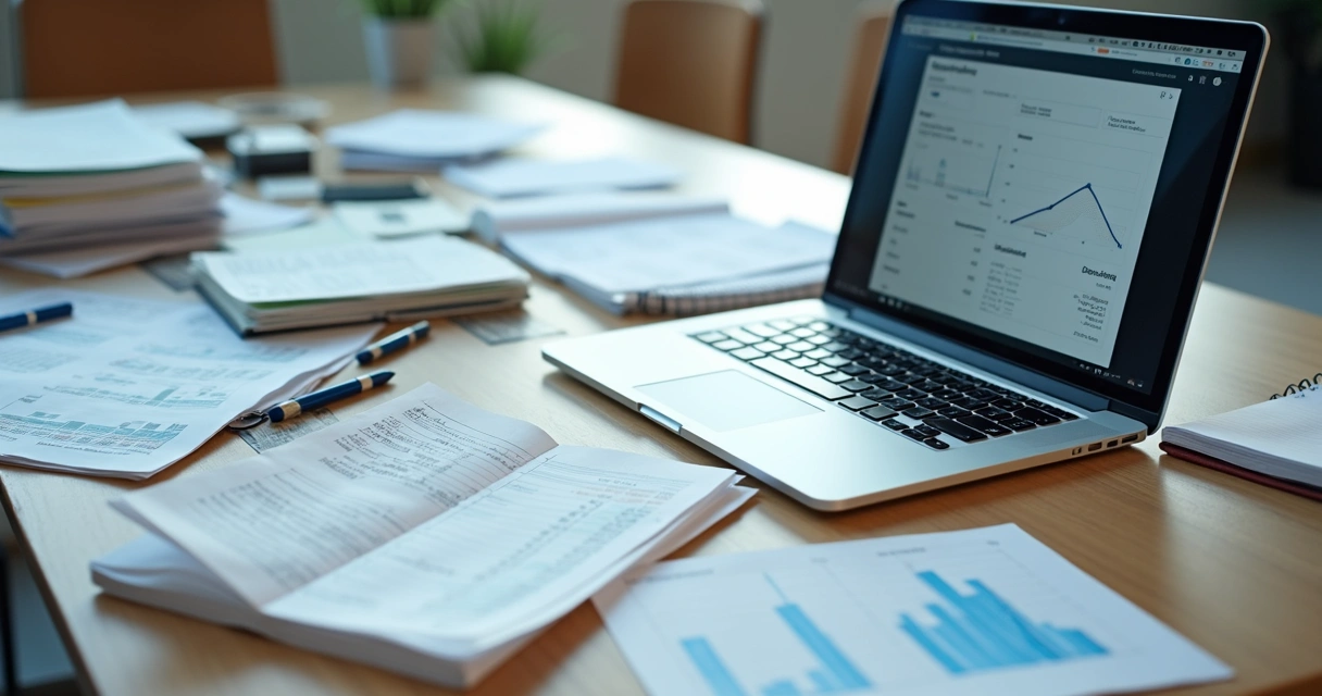 Papelada de vendas ao lado de notebook com CRM aberto. 